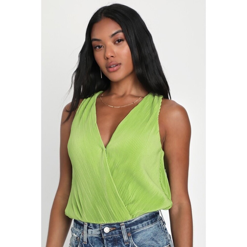 Lulus Sleek Aesthetic Lime Green Surplice Tie-back Sleeveless Bodysuit - Size S